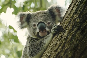 Obraz premium Koala with black round nose and big ears, natural charm of exotic animal calm with tight hug on tree trunk gives the impression of tranquility in the beauty of nature
