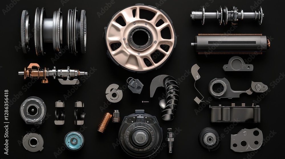 Aufkleber assorted mechanical parts arranged on a black background.