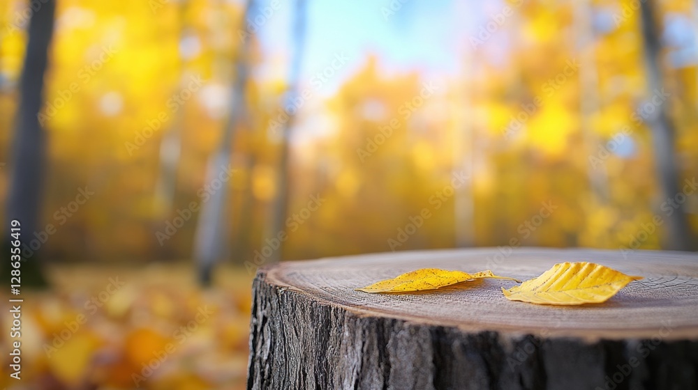Poster two yellow leaves rest on a tree stump in an autumnal forest. golden foliage blurs in the background