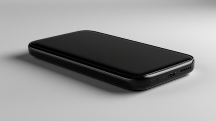 Sleek black smartphone resting on a smooth surface with subtle shadows, ideal for tech promotions