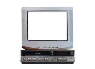 Old silver vintage TV with white screen and VCR from 1980s, 1990s, 2000s isolated on white...