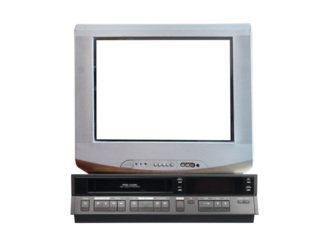 Old silver vintage TV with white screen and VCR from 1980s, 1990s, 2000s isolated on white background.