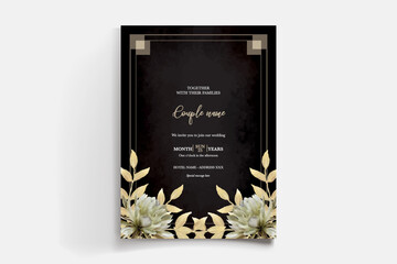 WEDDING INVITATION FRAME WITH FLOWER DECORATIONS AND FRESH LEAVES 