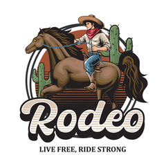  Vector Illustration of Cowboy Riding Horse with Detailed Vintage Illustration Available for Logo Badge