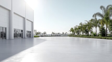 Modern warehouse, palm trees, sunny day, empty lot