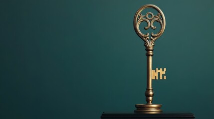 Ornate Golden Key on Dark Green Background