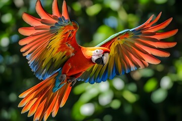 Fototapeta premium An overhead view of a parrot with bright colors covering its pointed feathers. Its wide, curved wings look ready to fly into the vast sky