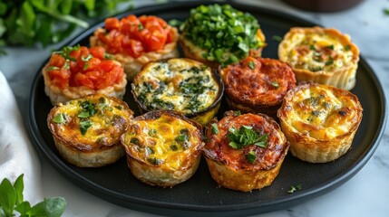 Assorted mini quiches with various fillings, including spinach, tomato, and cheese, served on a black plate.