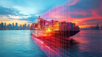 Container ship sunset cityscape global trade logistics