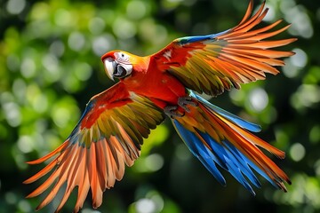 Fototapeta premium An overhead view of a parrot with bright colors covering its pointed feathers. Its wide, curved wings look ready to fly into the vast sky