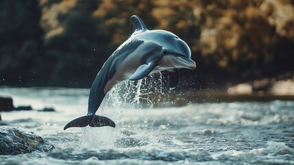 Obraz premium A stuffed dolphin leaping out of the water near the shoreline