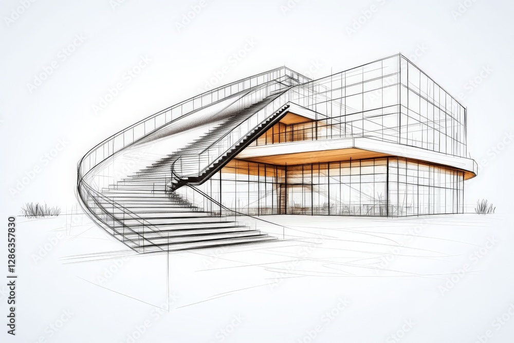 Poster architectural rendering of futuristic modern building with glass exterior and innovative angular str