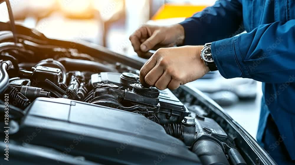Poster a mechanic’s hands working on the engine bay of a car, closely inspecting the cylinder block and cra