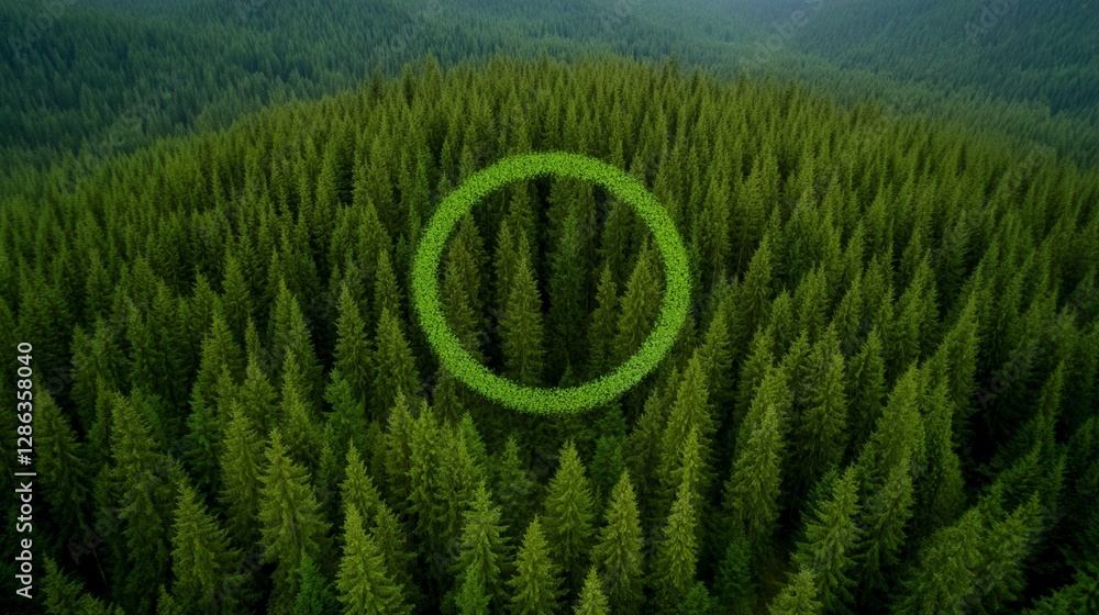 Poster aerial view of a lush green forest with a circular pattern of trees creating a unique symbol in the 