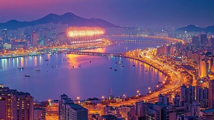 Fototapeta premium Cityscape at Night with Fireworks Over River in Seoul South Korea