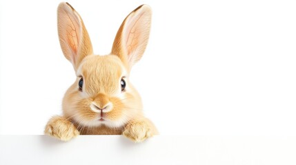 Obraz premium Adorable light brown bunny rabbit with long ears peeking over a white sign. Soft fur, big eyes, and fluffy paws. White background. 