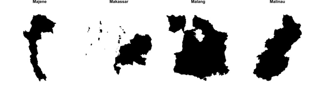Majene, Makassar, Malang, Malinau outline maps