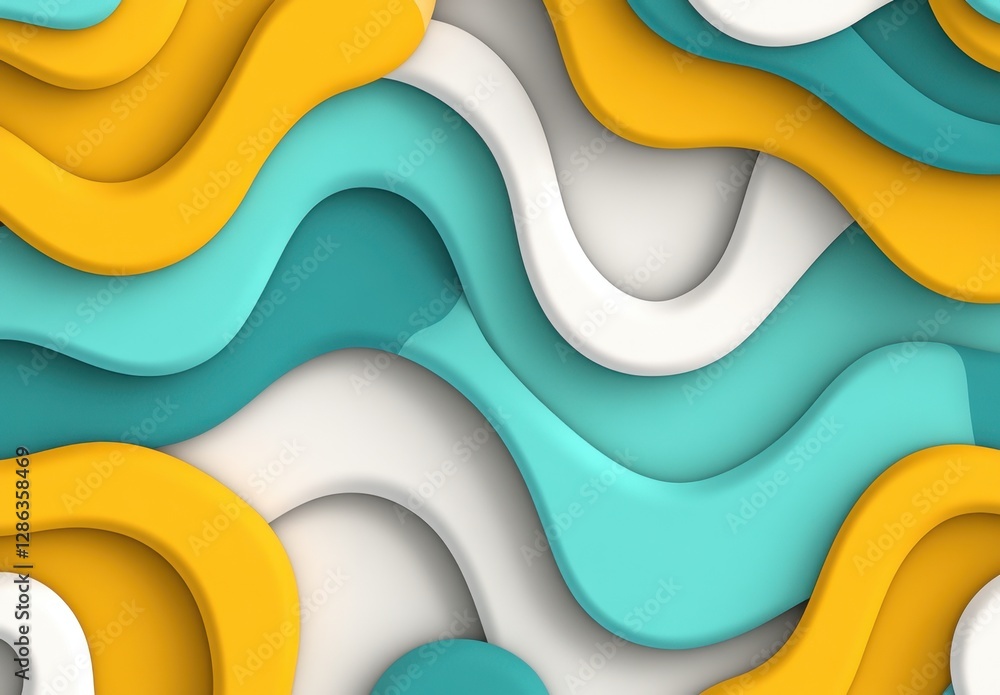Poster abstract background with wavy, layered shapes in teal, white, and gold. smooth, flowing lines create