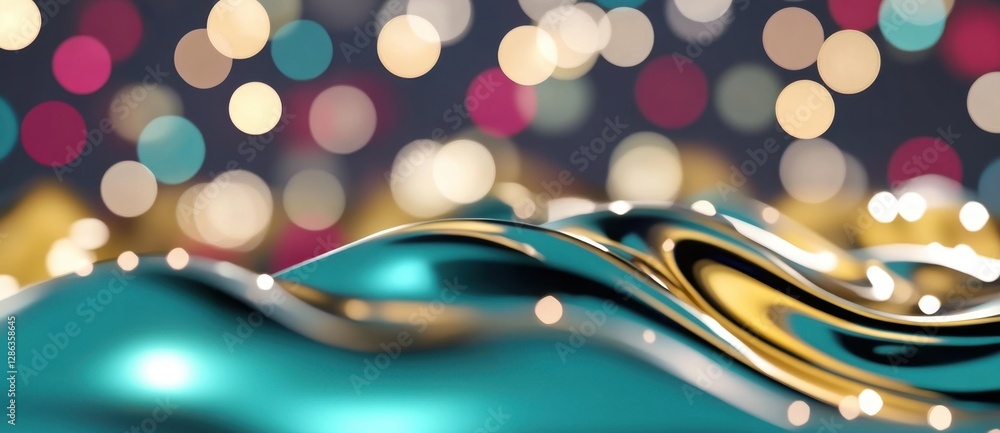 Poster abstract image of teal and gold liquid flowing against a bokeh background of colorful lights. the li
