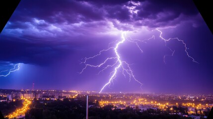 Fototapeta premium Dramatic Lightning Storm Over Cityscape at Night with Vibrant Purple Sky