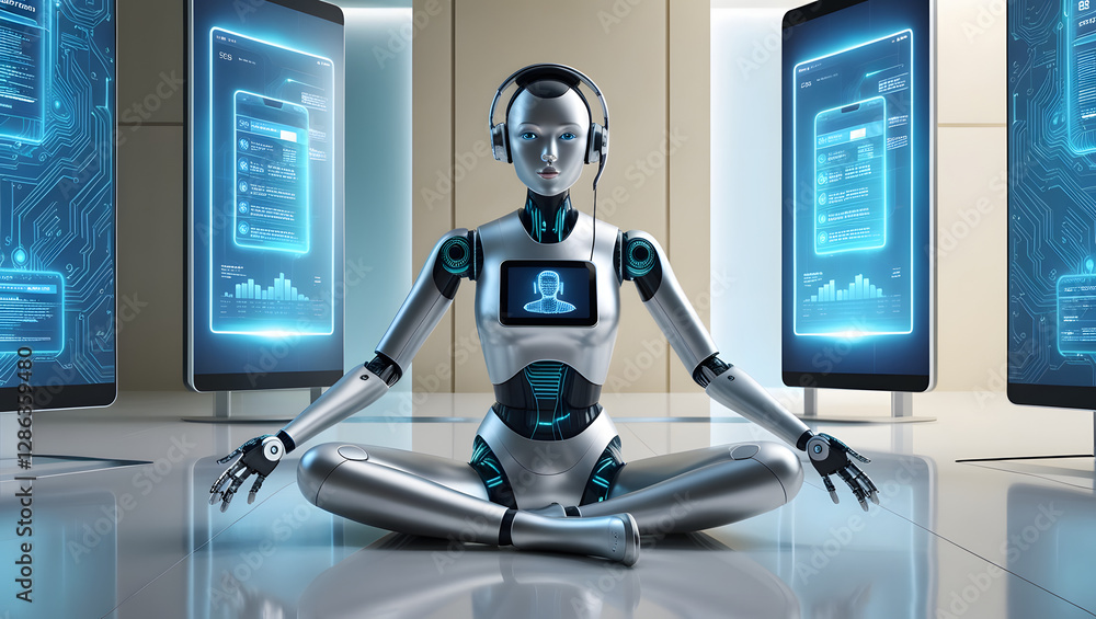 Poster robot meditating among mobile screens: a futuristic robot in a serene meditative pose, surrounded by