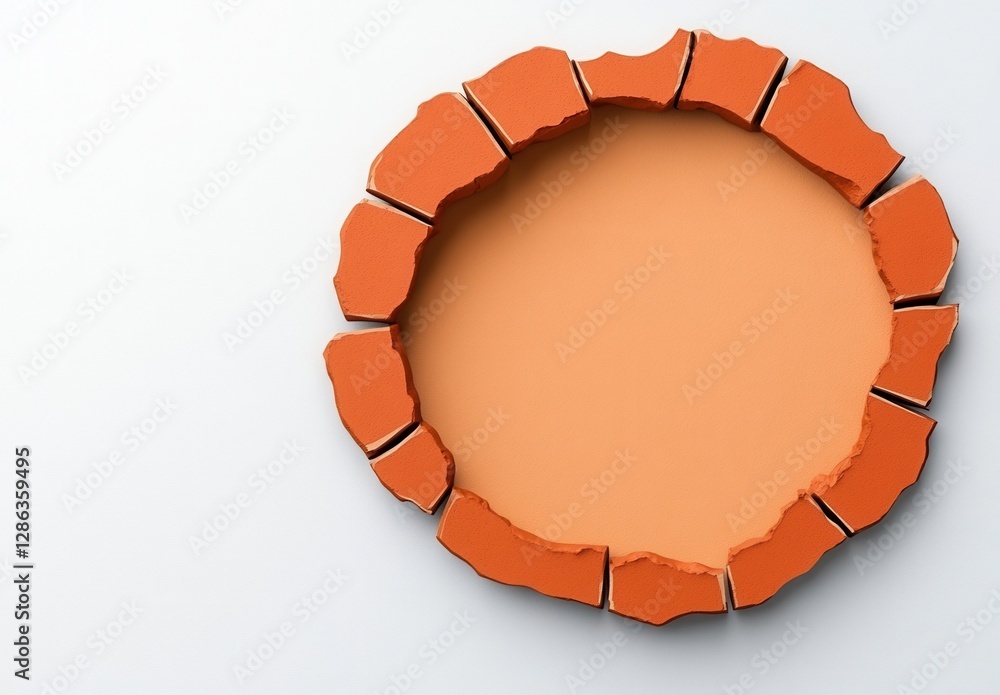 Poster abstract orange and white background with a circular frame of broken terracotta pieces creating a ce