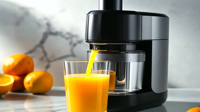 A compact juicer on a white marble countertop, emitting vibrant orange juice into a glass, with a stack of citrus fruits and a wooden reamer adding a natural touch