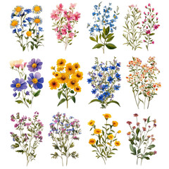 Various colorful wildflowers arranged in a grid on white background isolated on transparent background, PNG