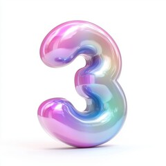 Fototapeta premium Number 3 made of smooth pearl-colored slime with a soft iridescent glow and delicate color shifts isolated on a clean white background
