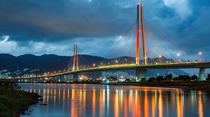 Obraz premium Illuminated Bridge at Night Reflecting in River with Dark Cloudy Sky