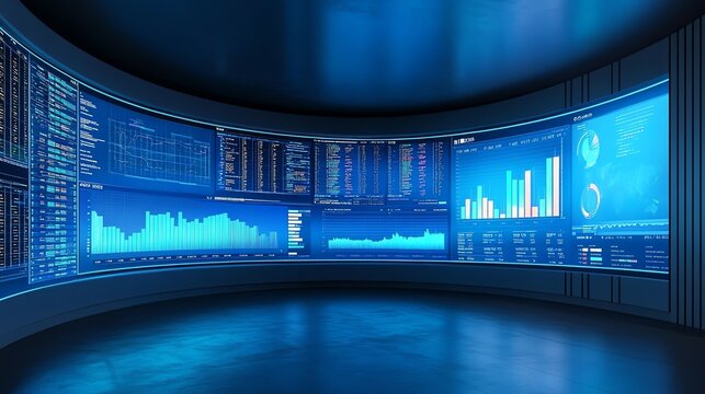 Curved Screens Displaying Financial Data and Stock Market Charts