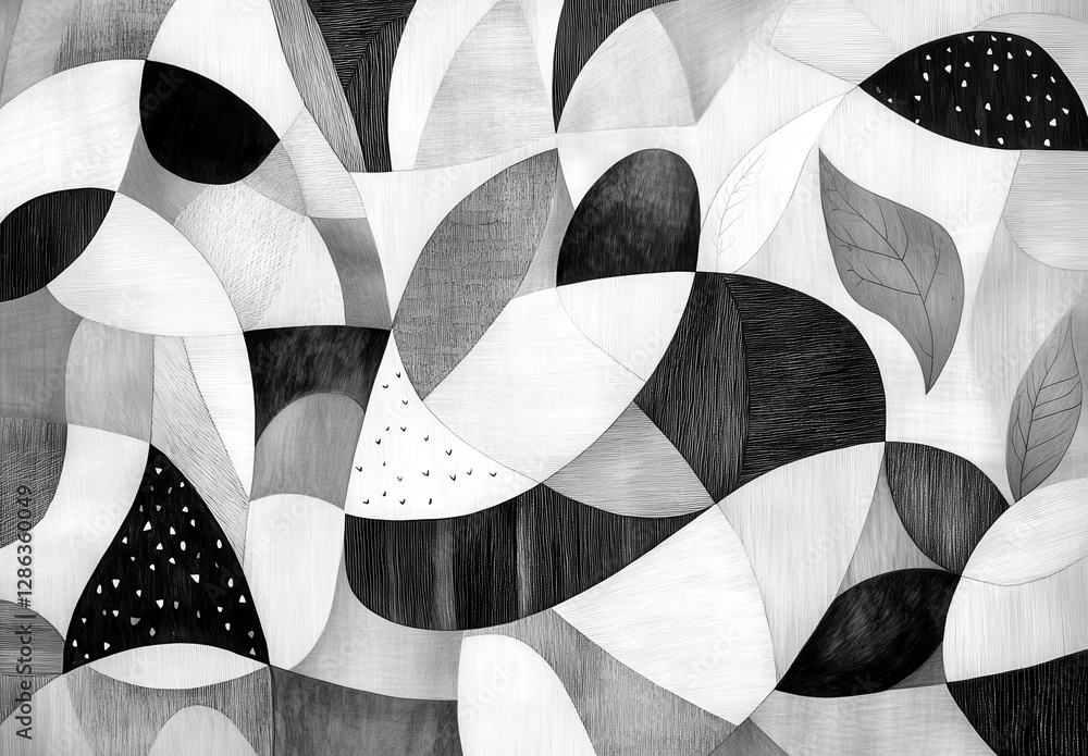 Poster abstract grayscale artwork featuring overlapping organic shapes with varied textures, creating a dyn