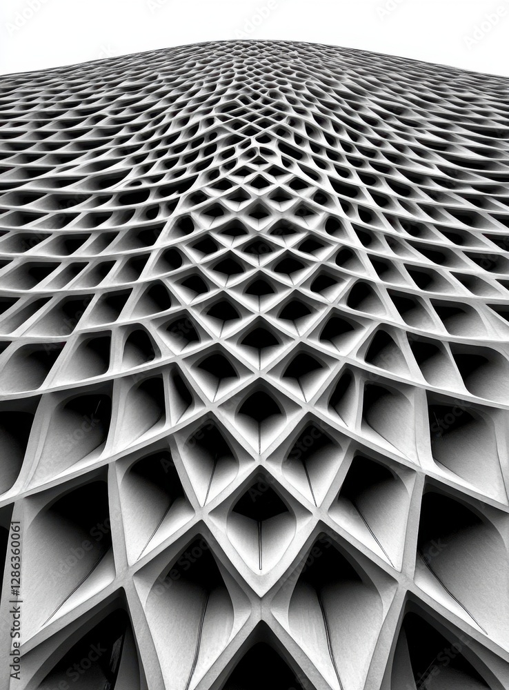 Poster abstract grayscale image showcasing a complex geometric pattern of repeating diamond shapes, creatin