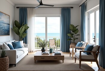 Fototapeta premium Driftwood & Navy: Hyperdetailed Photorealistic Coastal Living Room Design - Whitewashed Walls, Serene Ambiance, Evoking the Tranquility of Seaside Living.