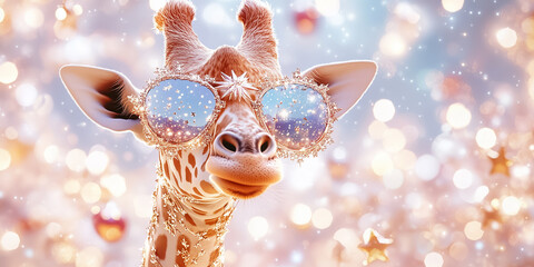 Giraffe gazes playfully surrounded by shimmering holiday lights. Adorned with celestial rose gold jewelry, it radiates elegance in a whimsical setting of sapphire blue and rose gold