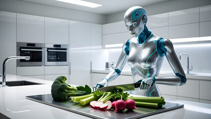 AI Chef in a Modern Kitchen: A sleek, advanced AI robot prepares fresh vegetables on a countertop, showcasing future-forward culinary technology. A fusion of innovation and food preparation.