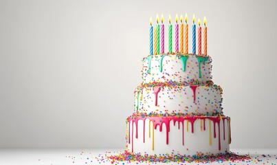 Three-tiered birthday cake with colorful candles and sprinkles on plain background