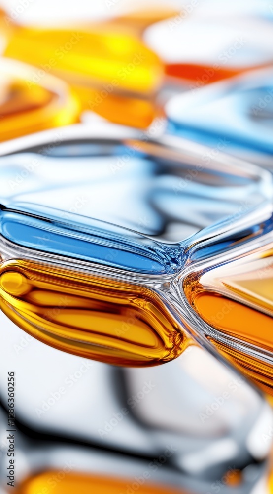 Poster abstract image of blue, orange and yellow glossy shapes. close up view with a reflective surface and