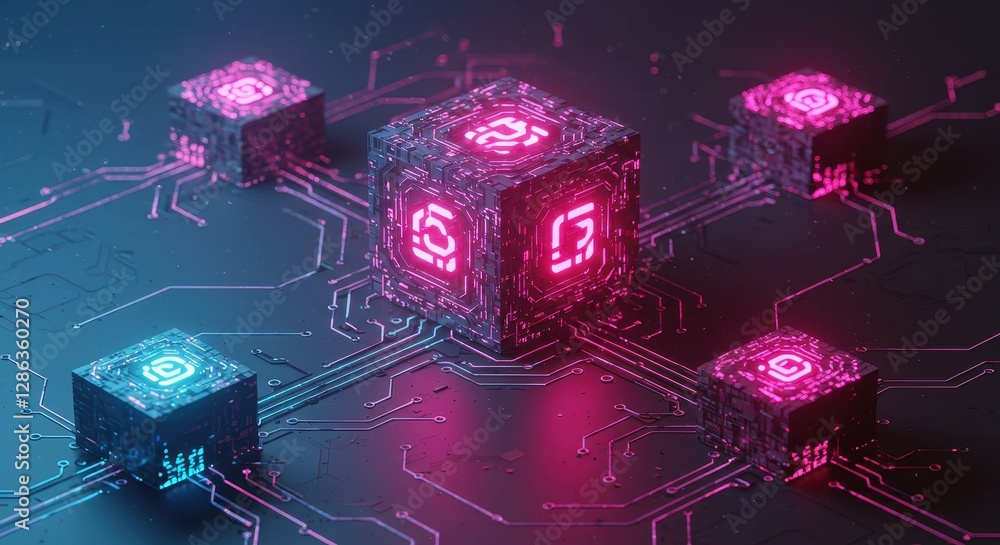 Aufkleber a visually striking digital artwork depicting interconnected glowing cubes in a futuristic blockchai