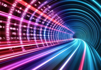 Obraz premium Abstract digital tunnel with vibrant pink, blue, and red light streaks, data streams, and a futuristic atmosphere. The tunnel's interior glows