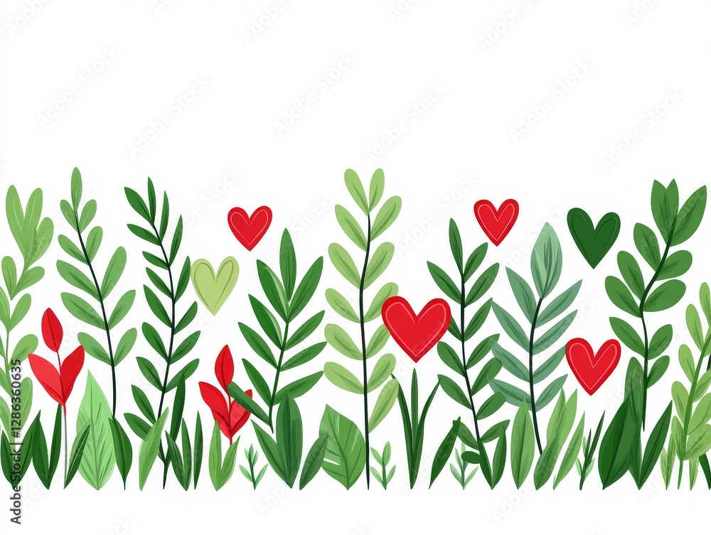 Aufkleber decorative botanical pattern with lush green foliage and scattered red hearts on a white background 