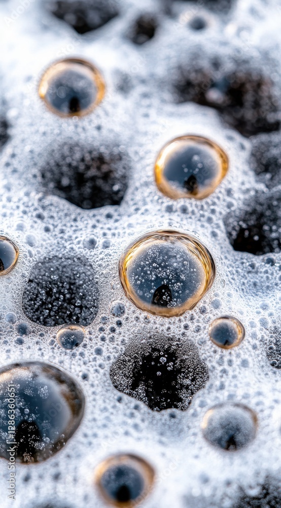 Poster abstract close up of dark orbs submerged in white foam, creating a textured, bubbly surface. the lig