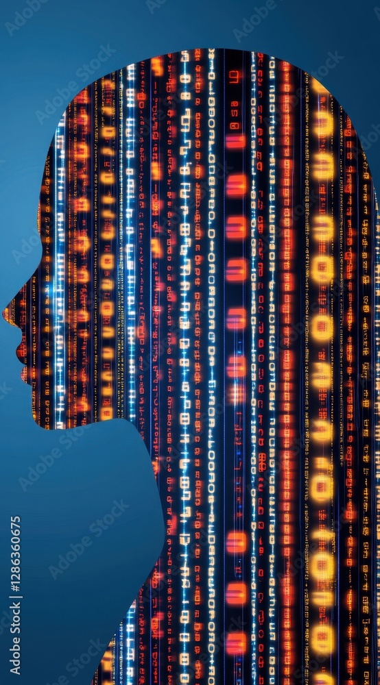 Poster abstract profile of a woman with colorful digital code flowing through her form against a deep blue 