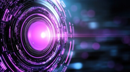 Obraz premium Abstract digital artwork featuring concentric circles of purple and pink light, glowing with a bright center, against a dark background with blurred
