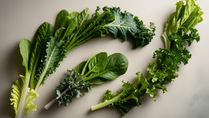 Fresh Greens on Display: An enticing arrangement of vibrant fresh greens, including kale, spinach, and lettuce, perfectly capture the essence of health and freshness.