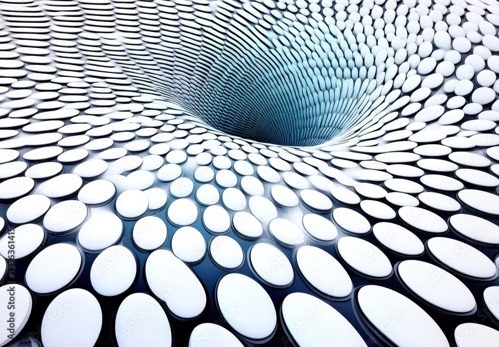 Poster abstract 3d rendering of a swirling vortex with white and blue oval shapes creating a depth effect. 