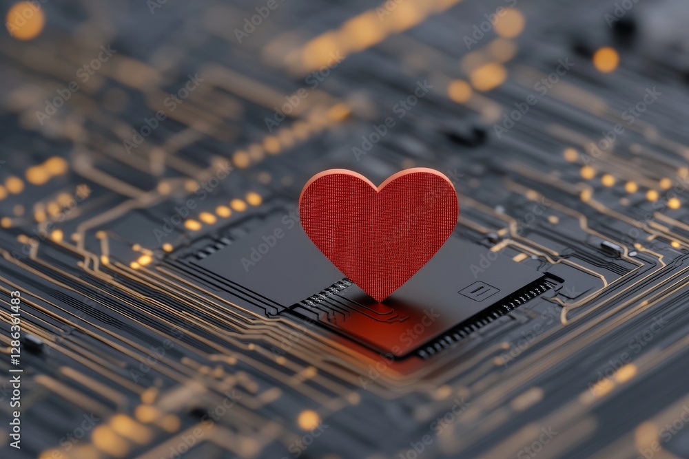 Aufkleber small red heart on microchip representing digital love artificial intelligence emotional data concep