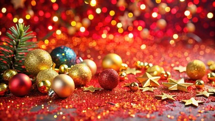 Vibrant colorful confetti scattered on a bright red and gold festive background with glittering lights and ornaments