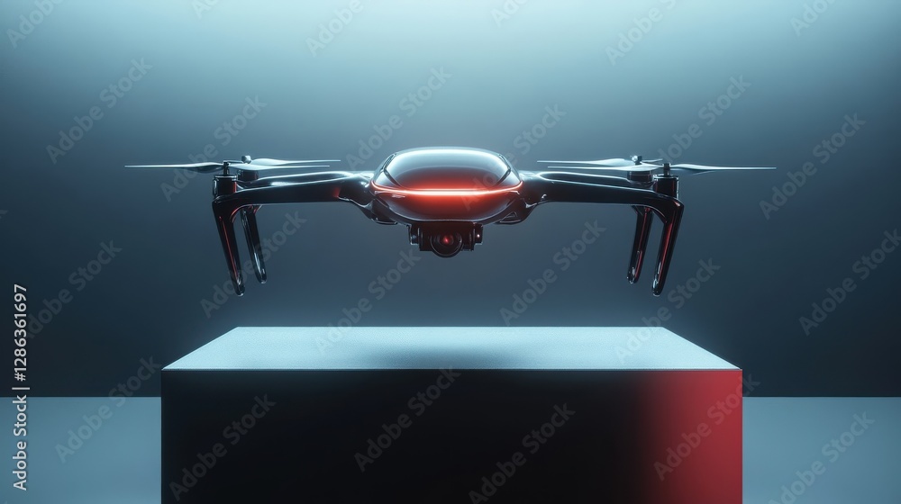 Aufkleber black drone hovering above a square cube in a dark environment