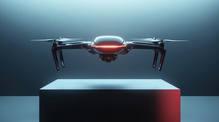 Black Drone Hovering Above A Square Cube In A Dark Environment